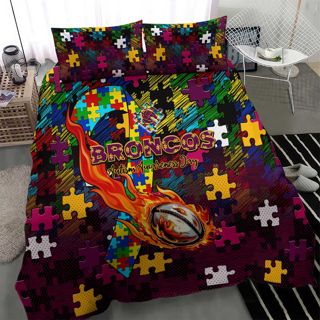 Broncos Autism Awareness Bedding Set Puzzle Flames Rugby Ball