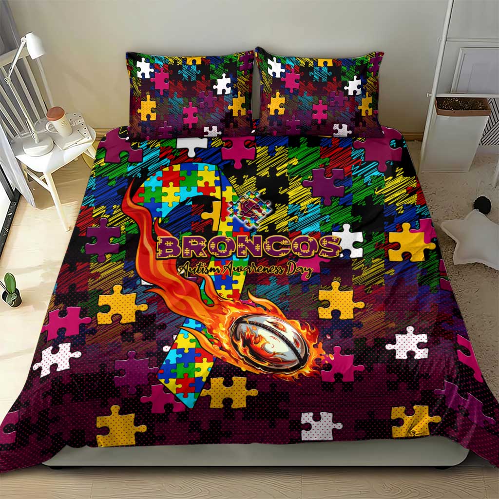 Broncos Autism Awareness Bedding Set Puzzle Flames Rugby Ball