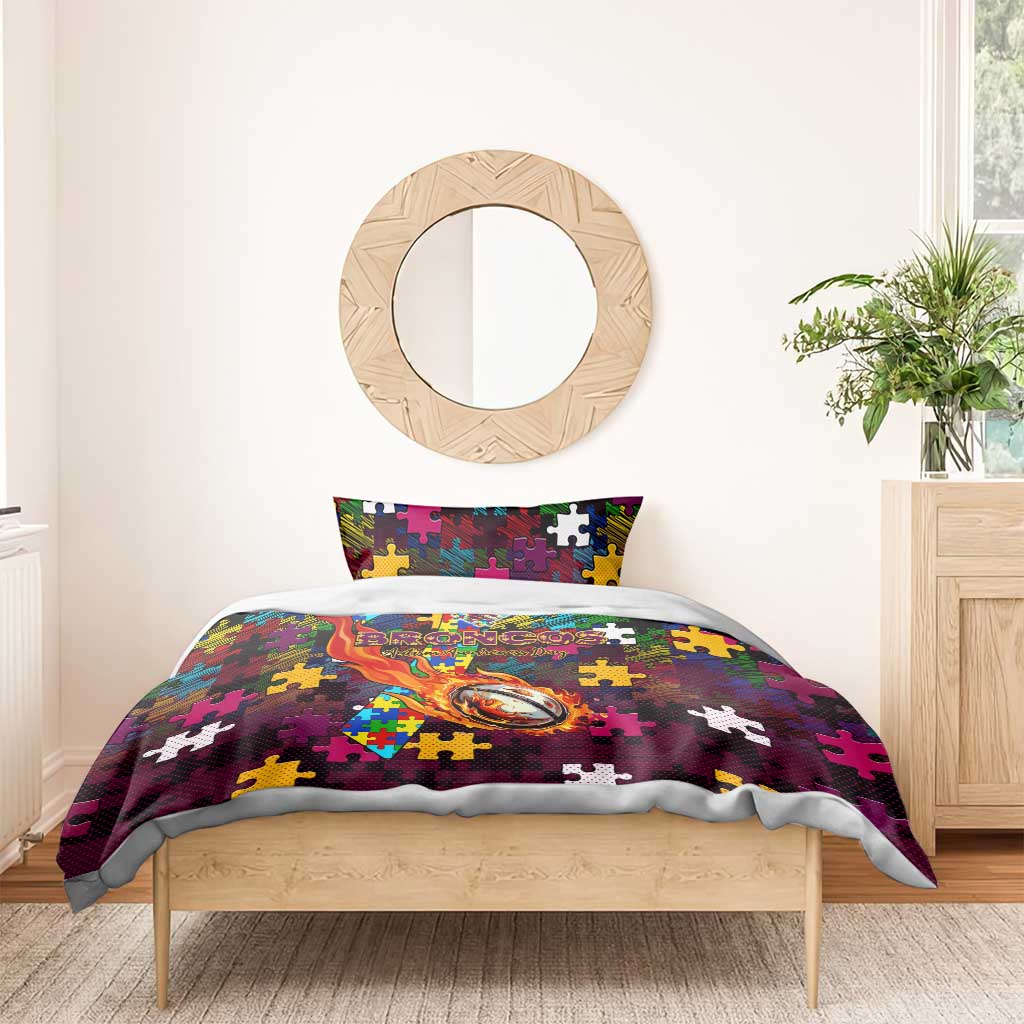 Broncos Autism Awareness Bedding Set Puzzle Flames Rugby Ball