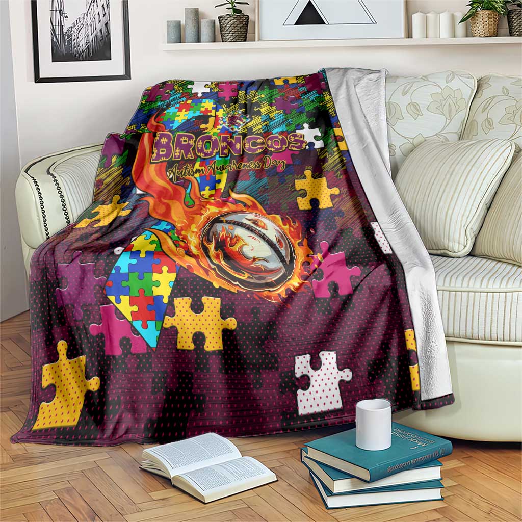 Broncos Autism Awareness Blanket Puzzle Flames Rugby Ball
