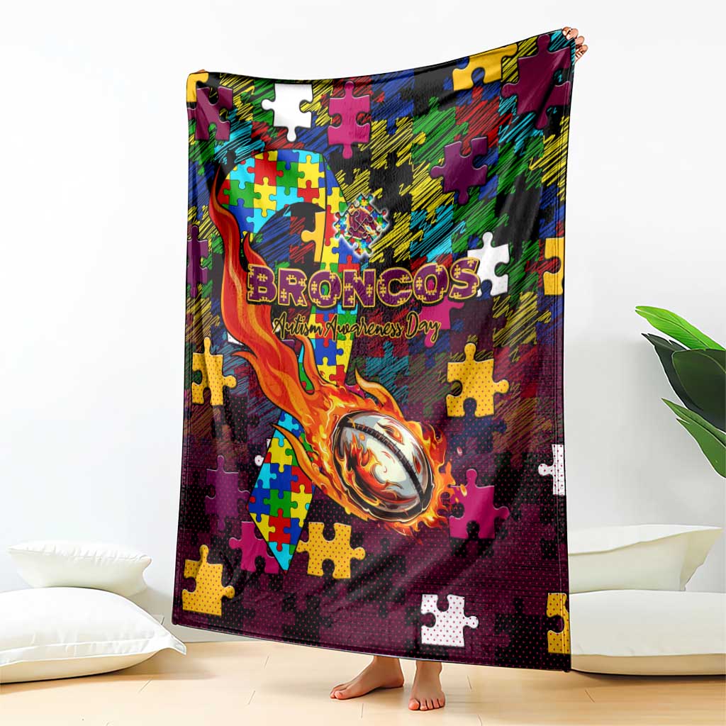 Broncos Autism Awareness Blanket Puzzle Flames Rugby Ball