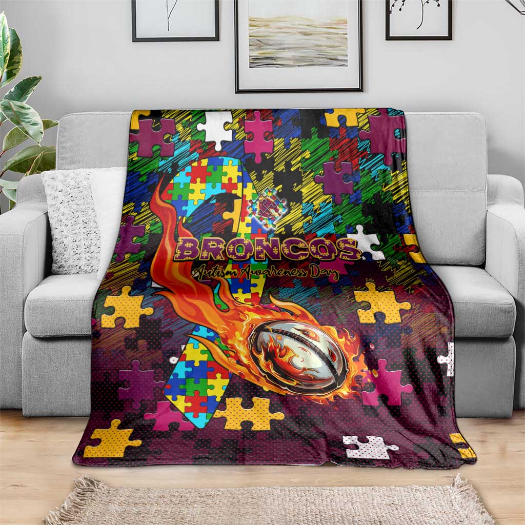 Broncos Autism Awareness Blanket Puzzle Flames Rugby Ball