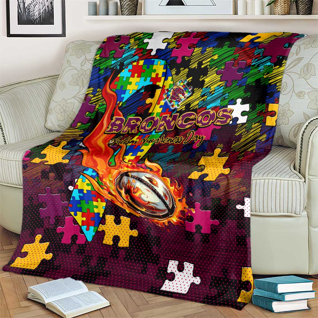 Broncos Autism Awareness Blanket Puzzle Flames Rugby Ball