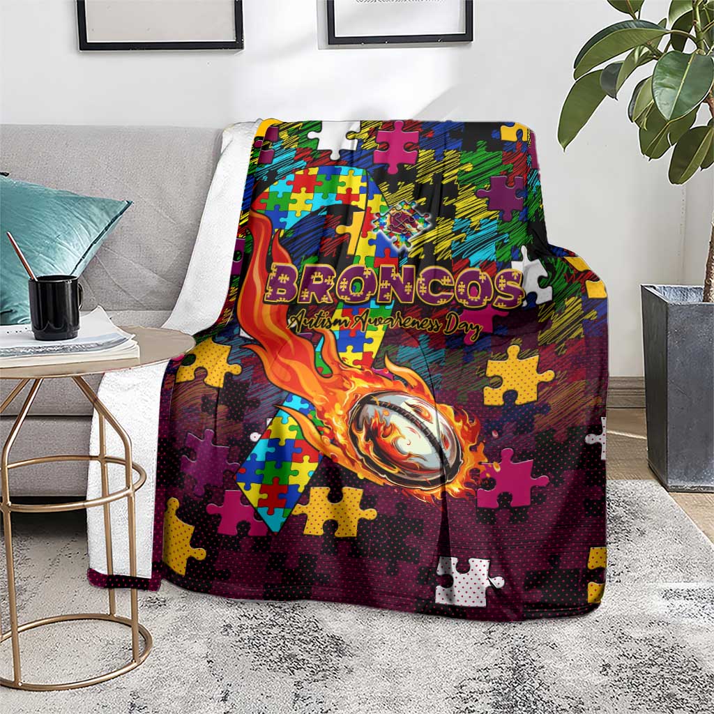 Broncos Autism Awareness Blanket Puzzle Flames Rugby Ball