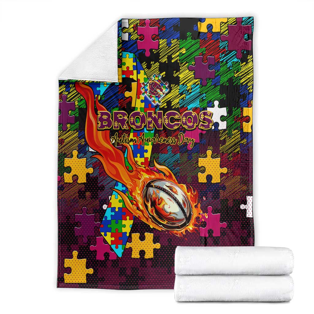 Broncos Autism Awareness Blanket Puzzle Flames Rugby Ball