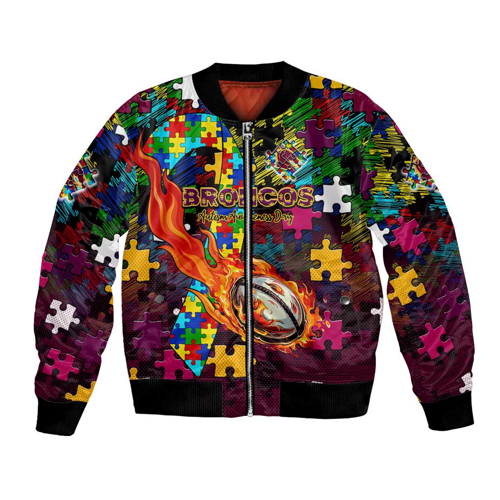Broncos Autism Awareness Bomber Jacket Puzzle Flames Rugby Ball