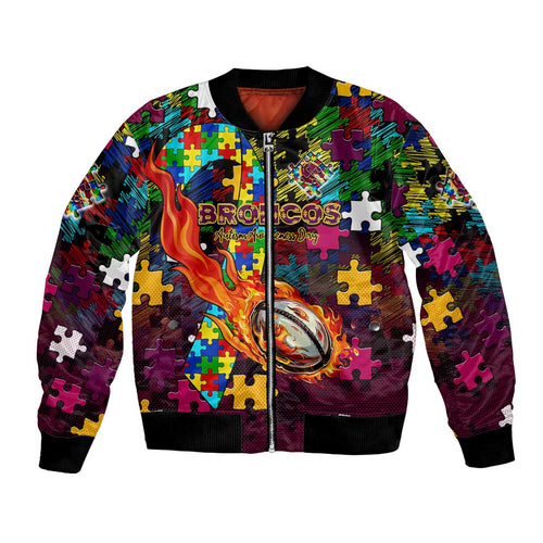 Broncos Autism Awareness Bomber Jacket Puzzle Flames Rugby Ball