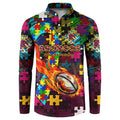 Broncos Autism Awareness Button Sweatshirt Puzzle Flames Rugby Ball