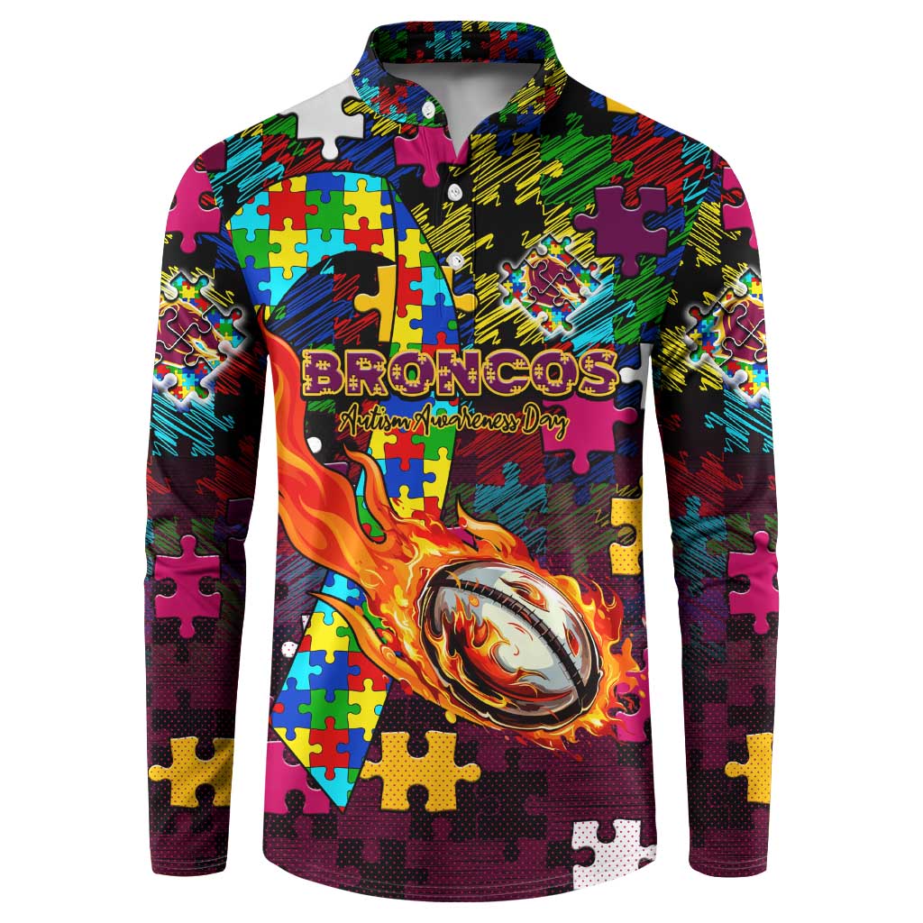Broncos Autism Awareness Button Sweatshirt Puzzle Flames Rugby Ball