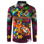 Broncos Autism Awareness Button Sweatshirt Puzzle Flames Rugby Ball