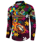 Broncos Autism Awareness Button Sweatshirt Puzzle Flames Rugby Ball