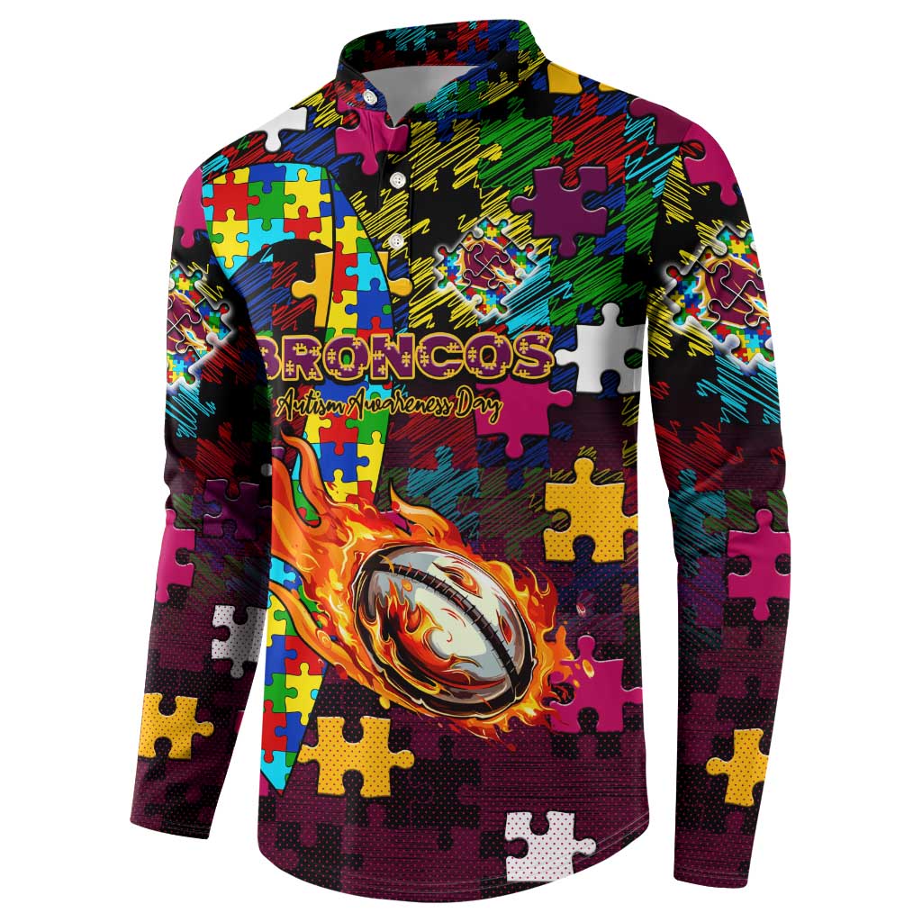 Broncos Autism Awareness Button Sweatshirt Puzzle Flames Rugby Ball