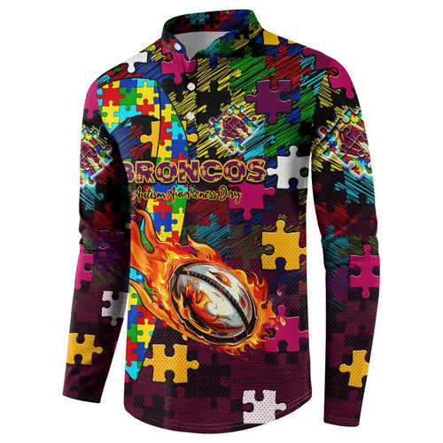 Broncos Autism Awareness Button Sweatshirt Puzzle Flames Rugby Ball