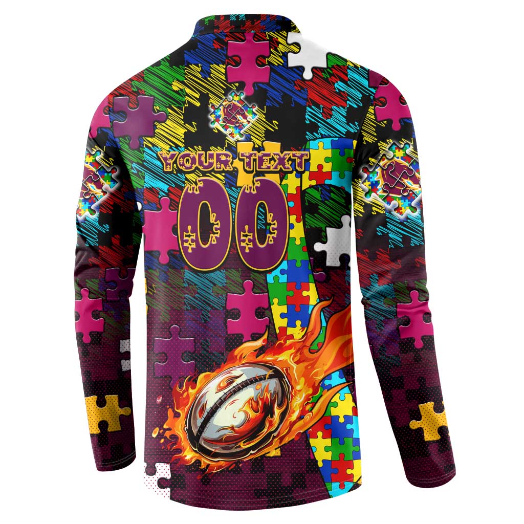 Broncos Autism Awareness Button Sweatshirt Puzzle Flames Rugby Ball