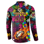 Broncos Autism Awareness Button Sweatshirt Puzzle Flames Rugby Ball