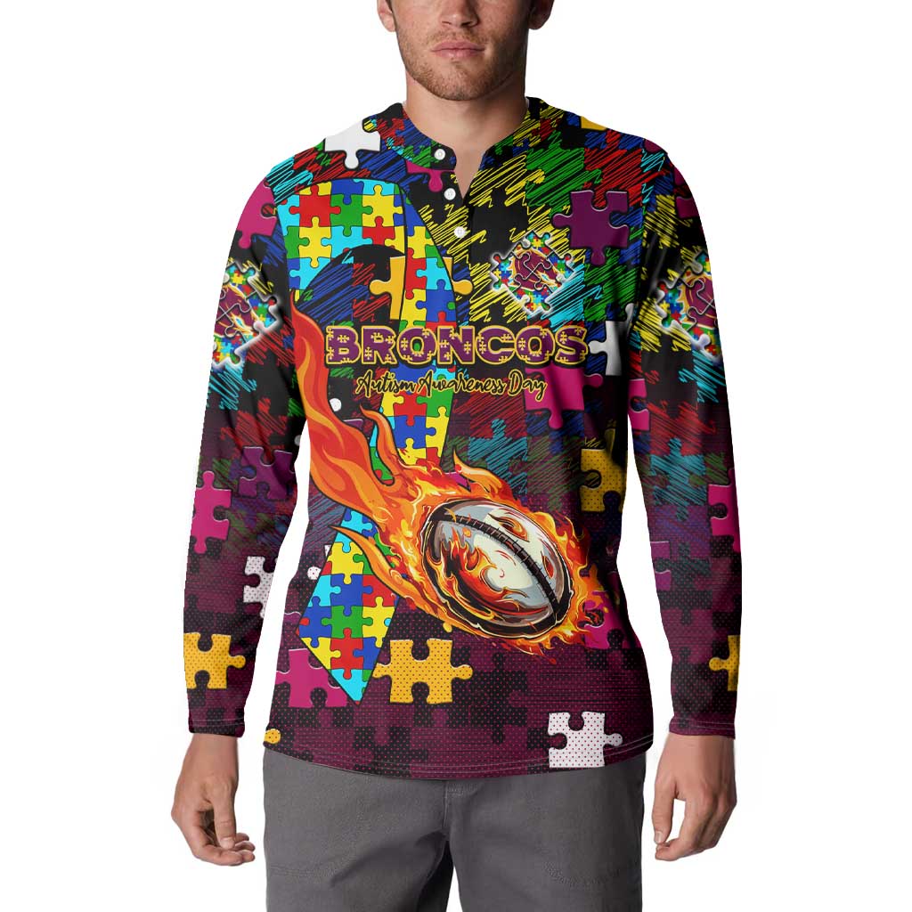 Broncos Autism Awareness Button Sweatshirt Puzzle Flames Rugby Ball