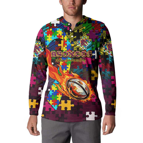 Broncos Autism Awareness Button Sweatshirt Puzzle Flames Rugby Ball