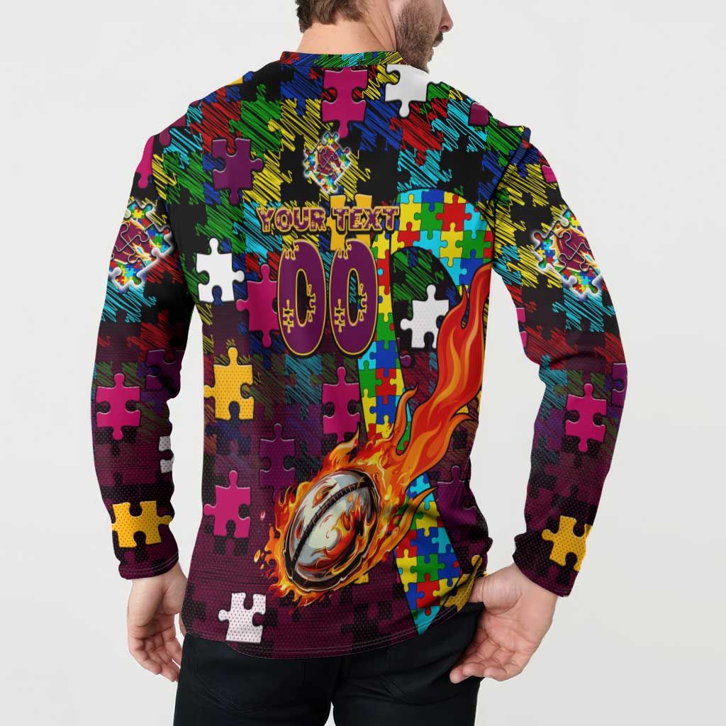 Broncos Autism Awareness Button Sweatshirt Puzzle Flames Rugby Ball