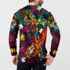 Broncos Autism Awareness Button Sweatshirt Puzzle Flames Rugby Ball