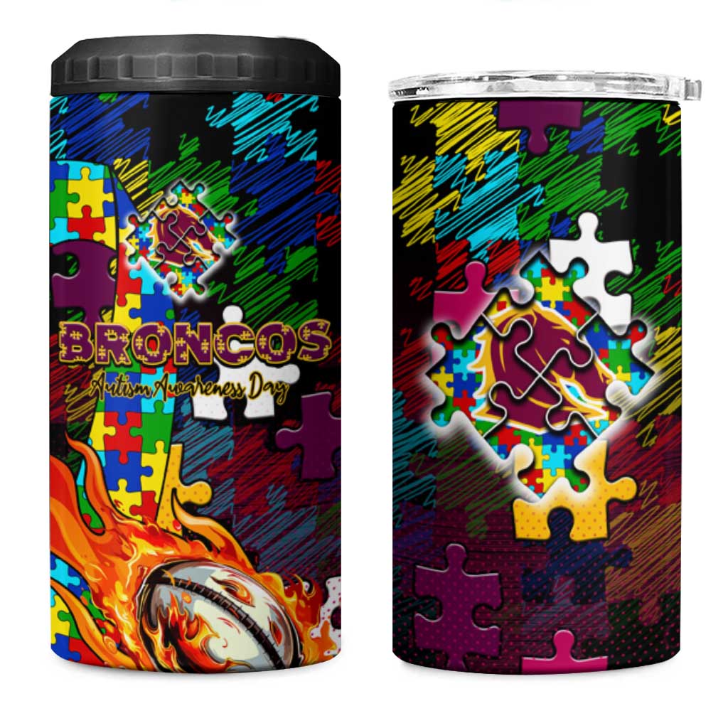 Broncos Autism Awareness 4 in 1 Can Cooler Tumbler Puzzle Flames Rugby Ball