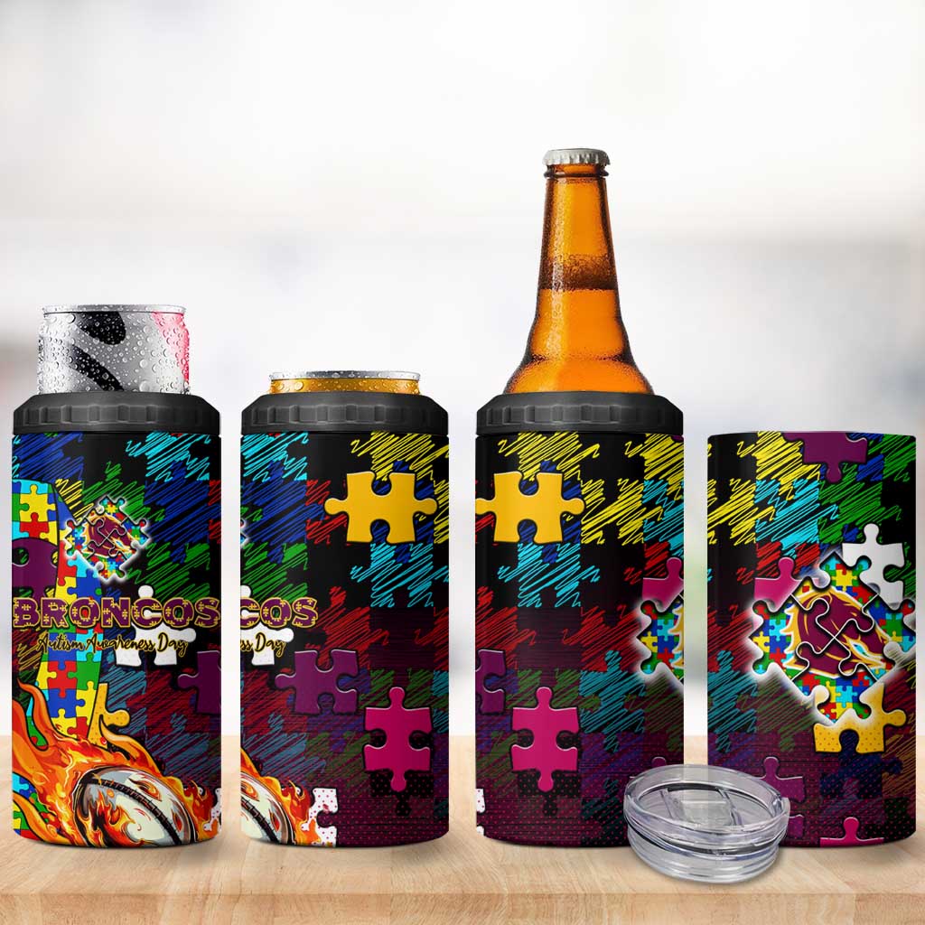 Broncos Autism Awareness 4 in 1 Can Cooler Tumbler Puzzle Flames Rugby Ball