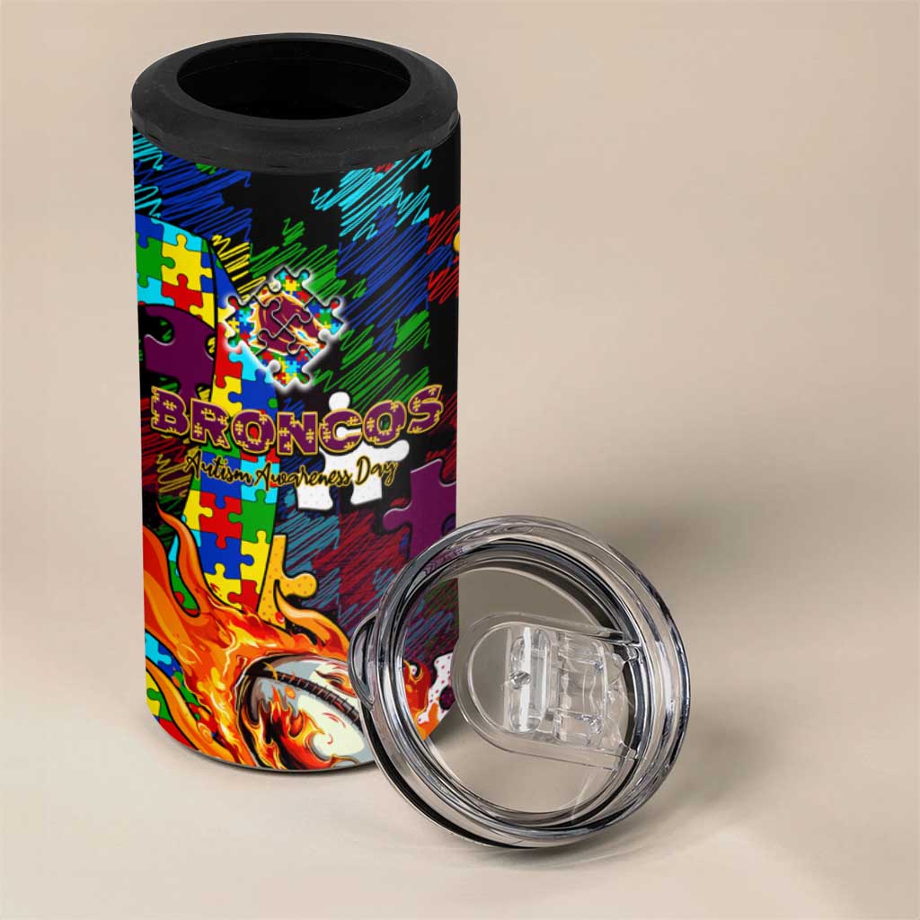 Broncos Autism Awareness 4 in 1 Can Cooler Tumbler Puzzle Flames Rugby Ball