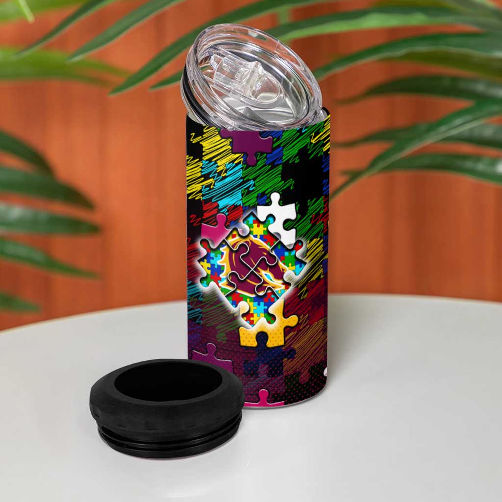 Broncos Autism Awareness 4 in 1 Can Cooler Tumbler Puzzle Flames Rugby Ball