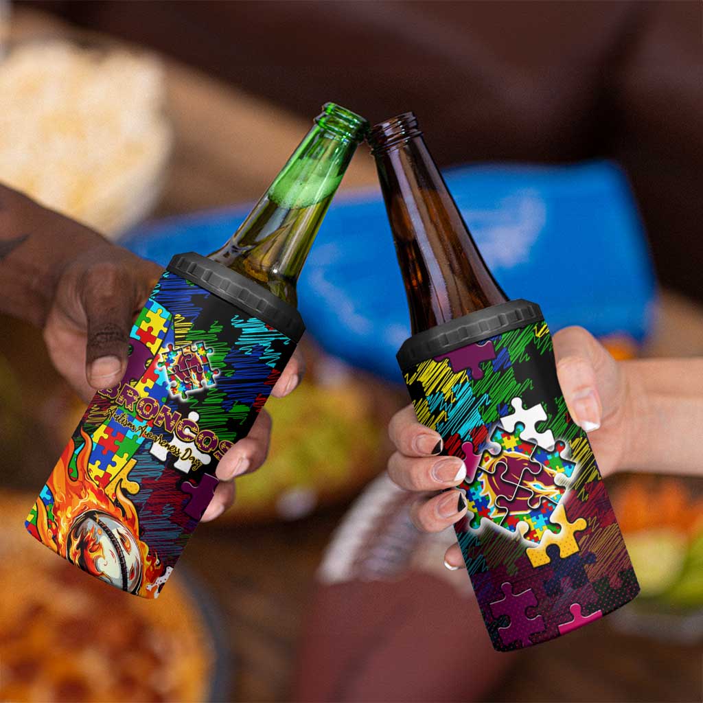 Broncos Autism Awareness 4 in 1 Can Cooler Tumbler Puzzle Flames Rugby Ball