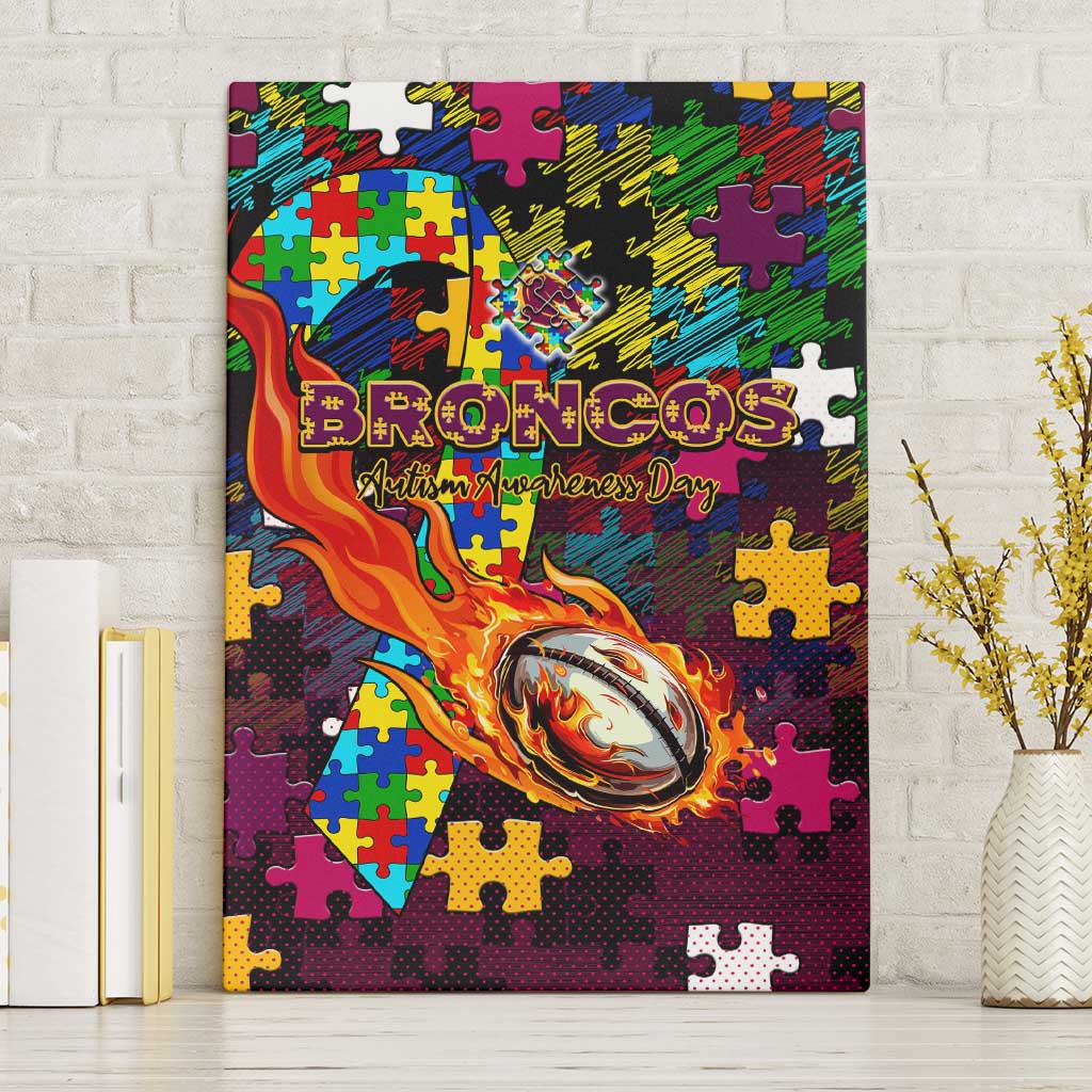 Broncos Autism Awareness Canvas Wall Art Puzzle Flames Rugby Ball