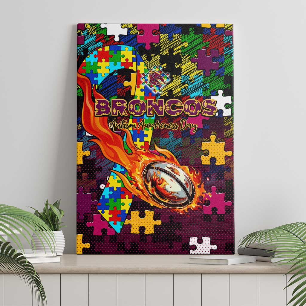 Broncos Autism Awareness Canvas Wall Art Puzzle Flames Rugby Ball