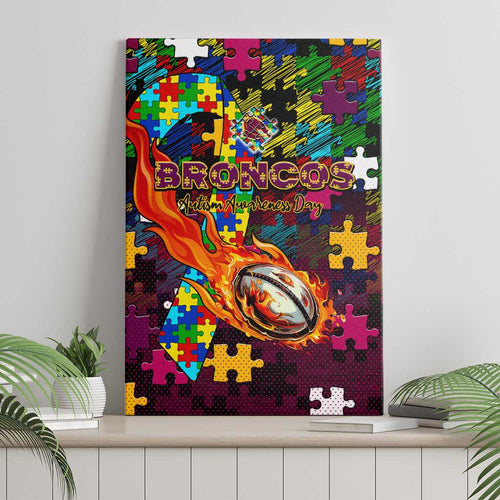 Broncos Autism Awareness Canvas Wall Art Puzzle Flames Rugby Ball