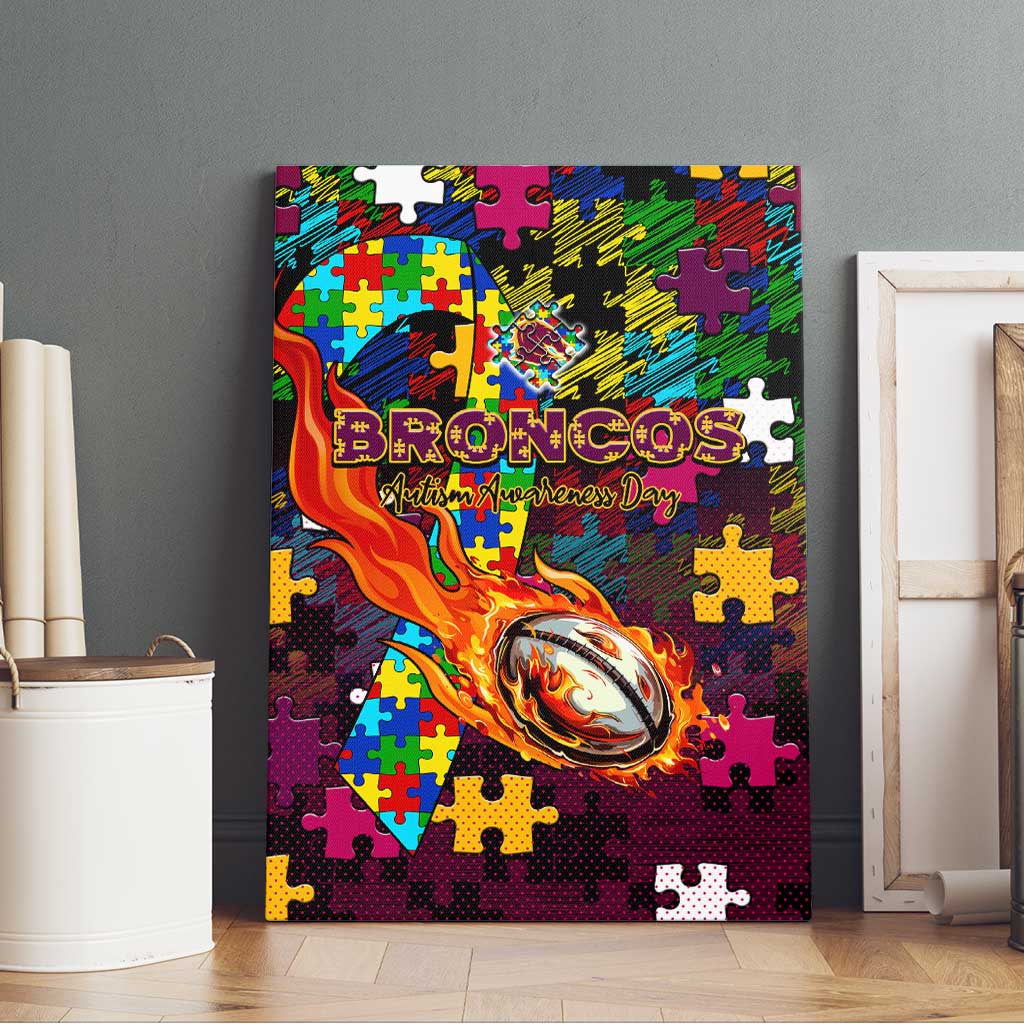 Broncos Autism Awareness Canvas Wall Art Puzzle Flames Rugby Ball