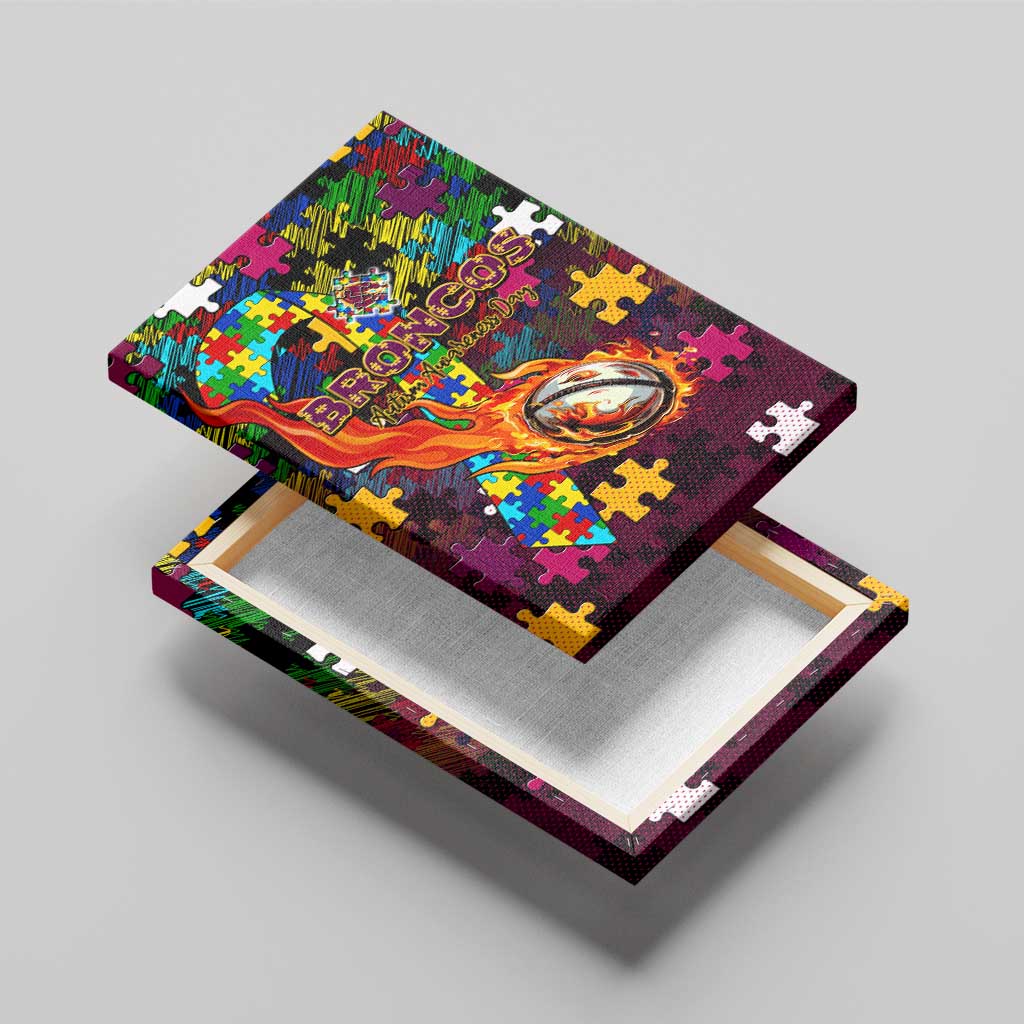 Broncos Autism Awareness Canvas Wall Art Puzzle Flames Rugby Ball