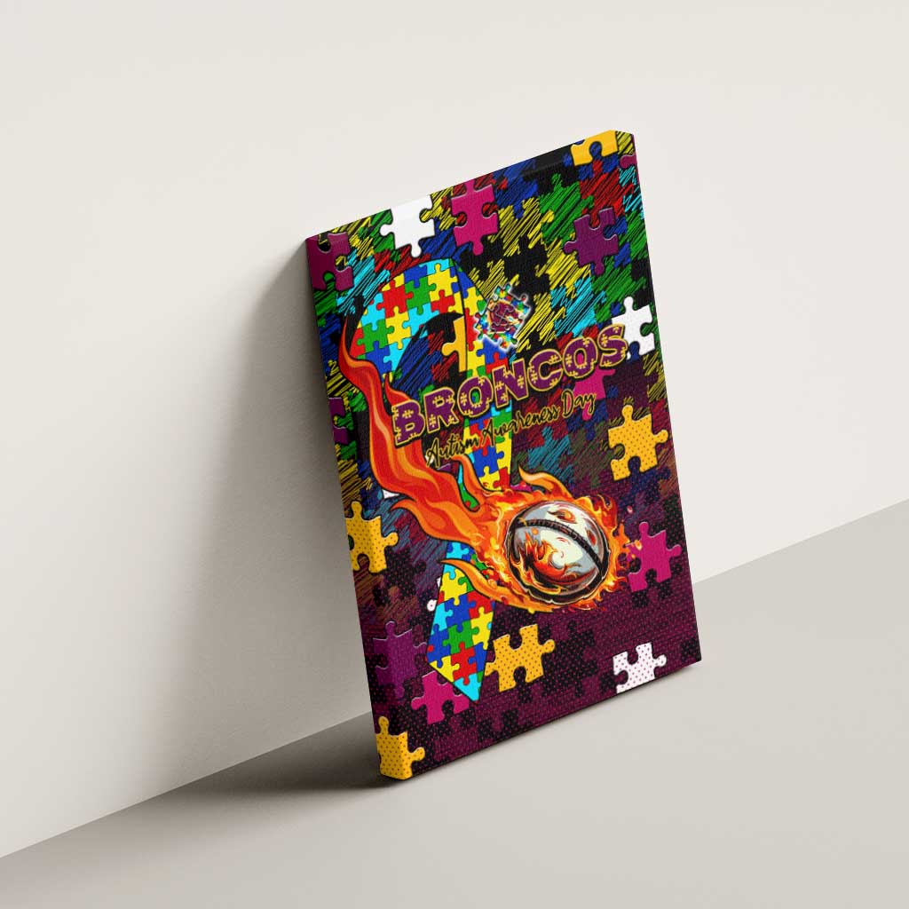 Broncos Autism Awareness Canvas Wall Art Puzzle Flames Rugby Ball