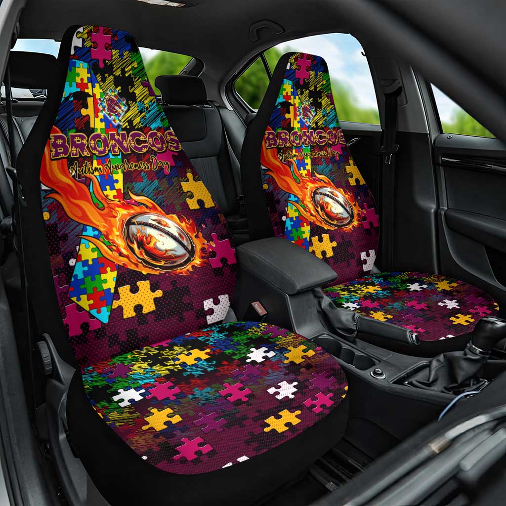 Broncos Autism Awareness Car Seat Cover Puzzle Flames Rugby Ball