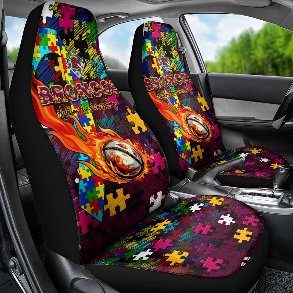 Broncos Autism Awareness Car Seat Cover Puzzle Flames Rugby Ball