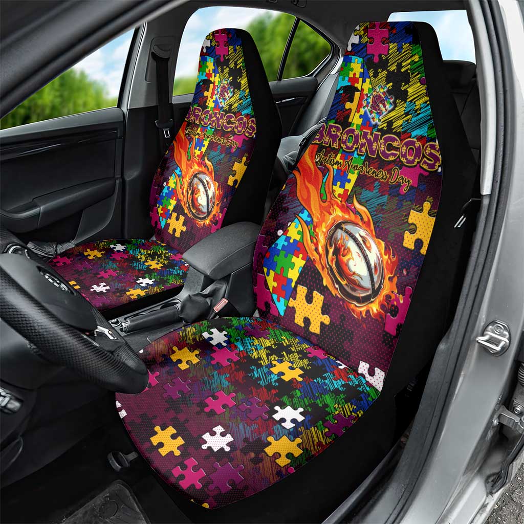 Broncos Autism Awareness Car Seat Cover Puzzle Flames Rugby Ball