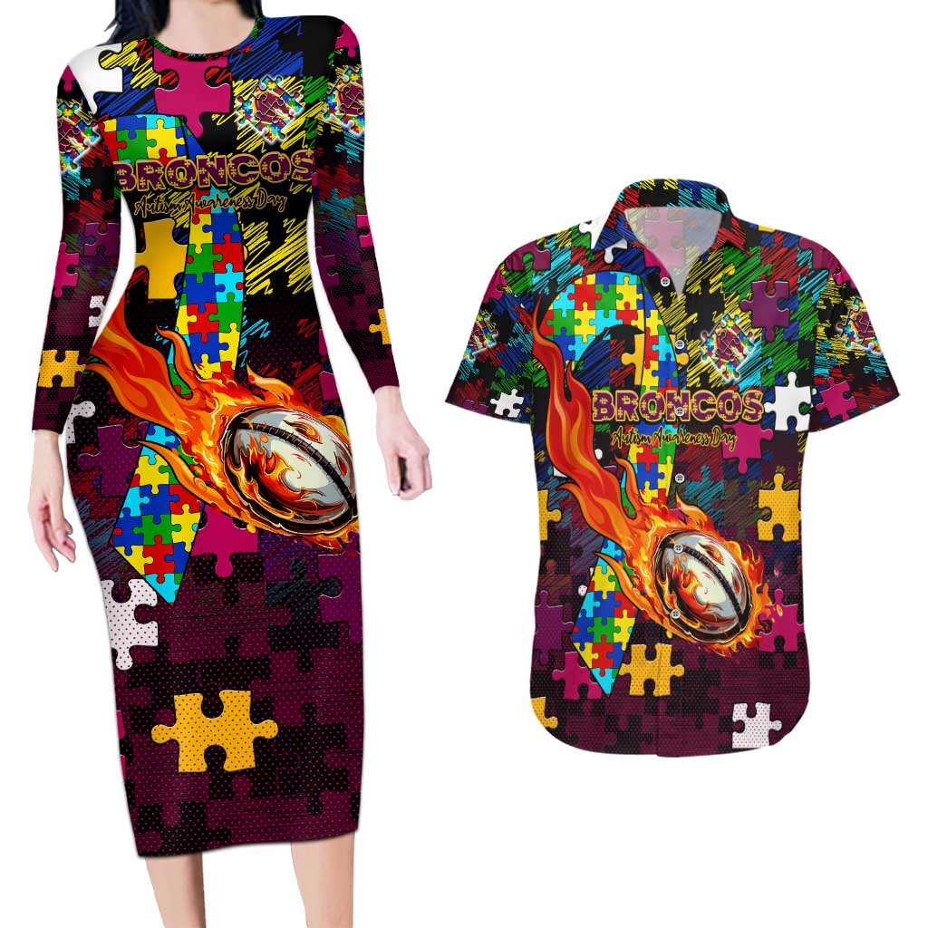 Broncos Autism Awareness Couples Matching Long Sleeve Bodycon Dress and Hawaiian Shirt Puzzle Flames Rugby Ball