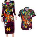 Broncos Autism Awareness Couples Matching Long Sleeve Bodycon Dress and Hawaiian Shirt Puzzle Flames Rugby Ball