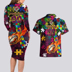 Broncos Autism Awareness Couples Matching Long Sleeve Bodycon Dress and Hawaiian Shirt Puzzle Flames Rugby Ball