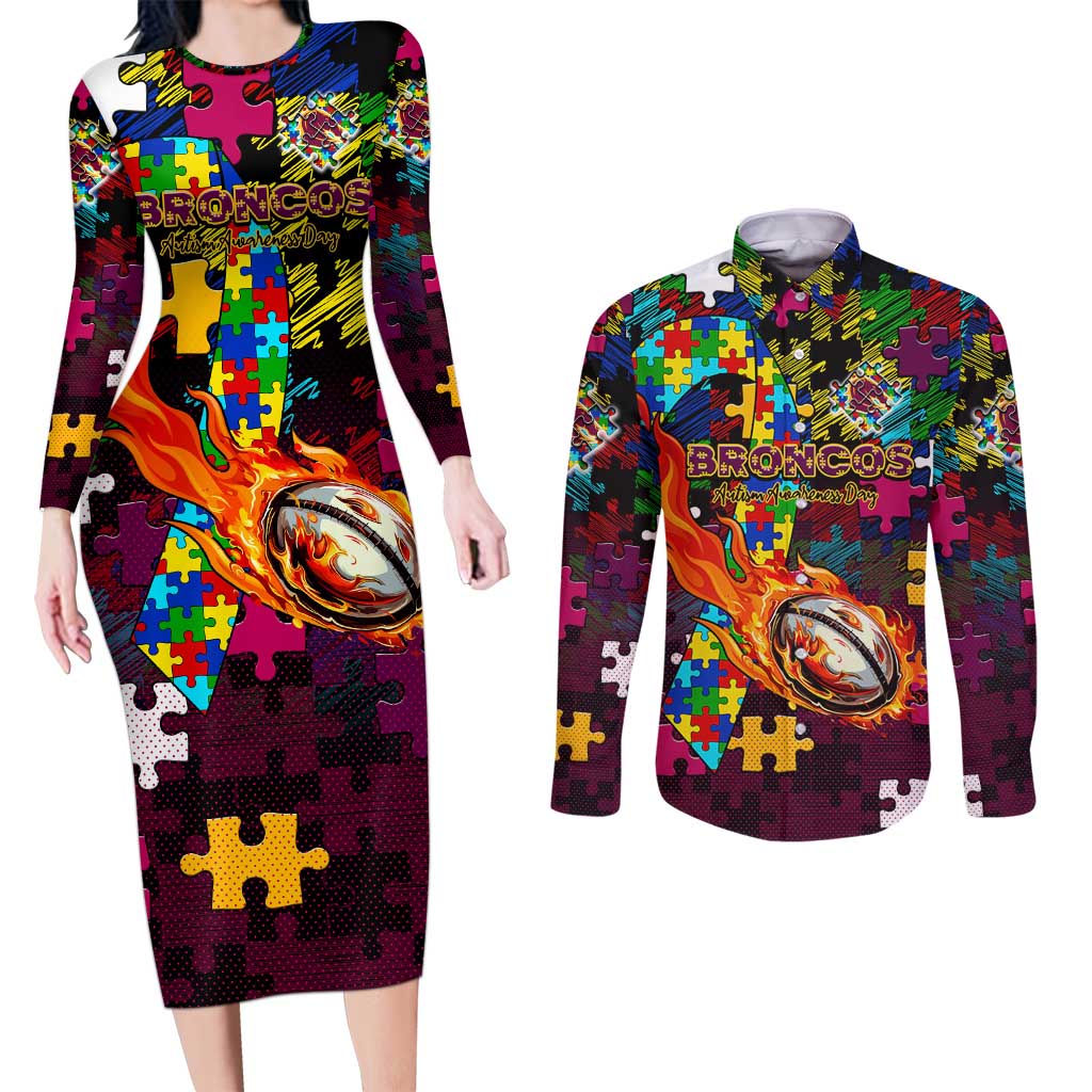 Broncos Autism Awareness Couples Matching Long Sleeve Bodycon Dress and Long Sleeve Button Shirt Puzzle Flames Rugby Ball