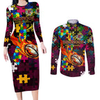 Broncos Autism Awareness Couples Matching Long Sleeve Bodycon Dress and Long Sleeve Button Shirt Puzzle Flames Rugby Ball