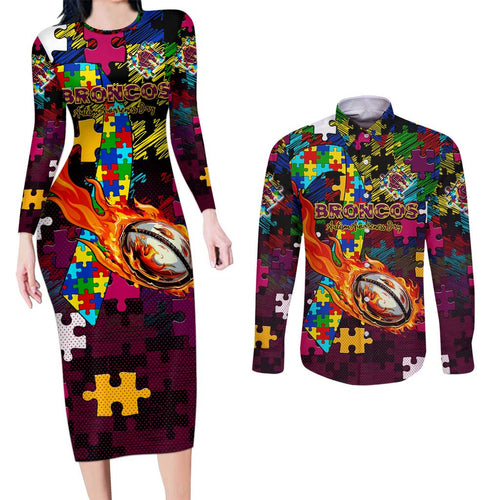Broncos Autism Awareness Couples Matching Long Sleeve Bodycon Dress and Long Sleeve Button Shirt Puzzle Flames Rugby Ball