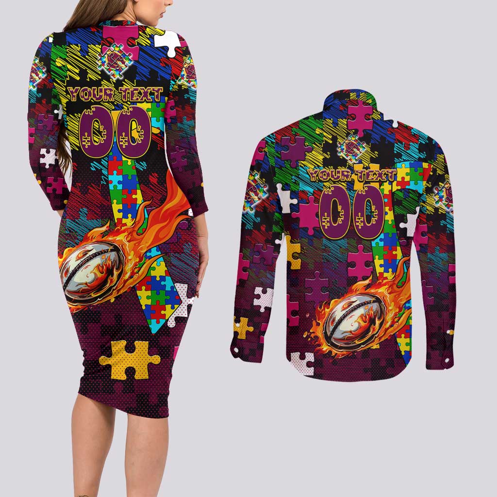 Broncos Autism Awareness Couples Matching Long Sleeve Bodycon Dress and Long Sleeve Button Shirt Puzzle Flames Rugby Ball