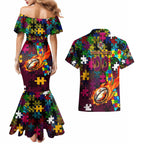 Broncos Autism Awareness Couples Matching Mermaid Dress and Hawaiian Shirt Puzzle Flames Rugby Ball