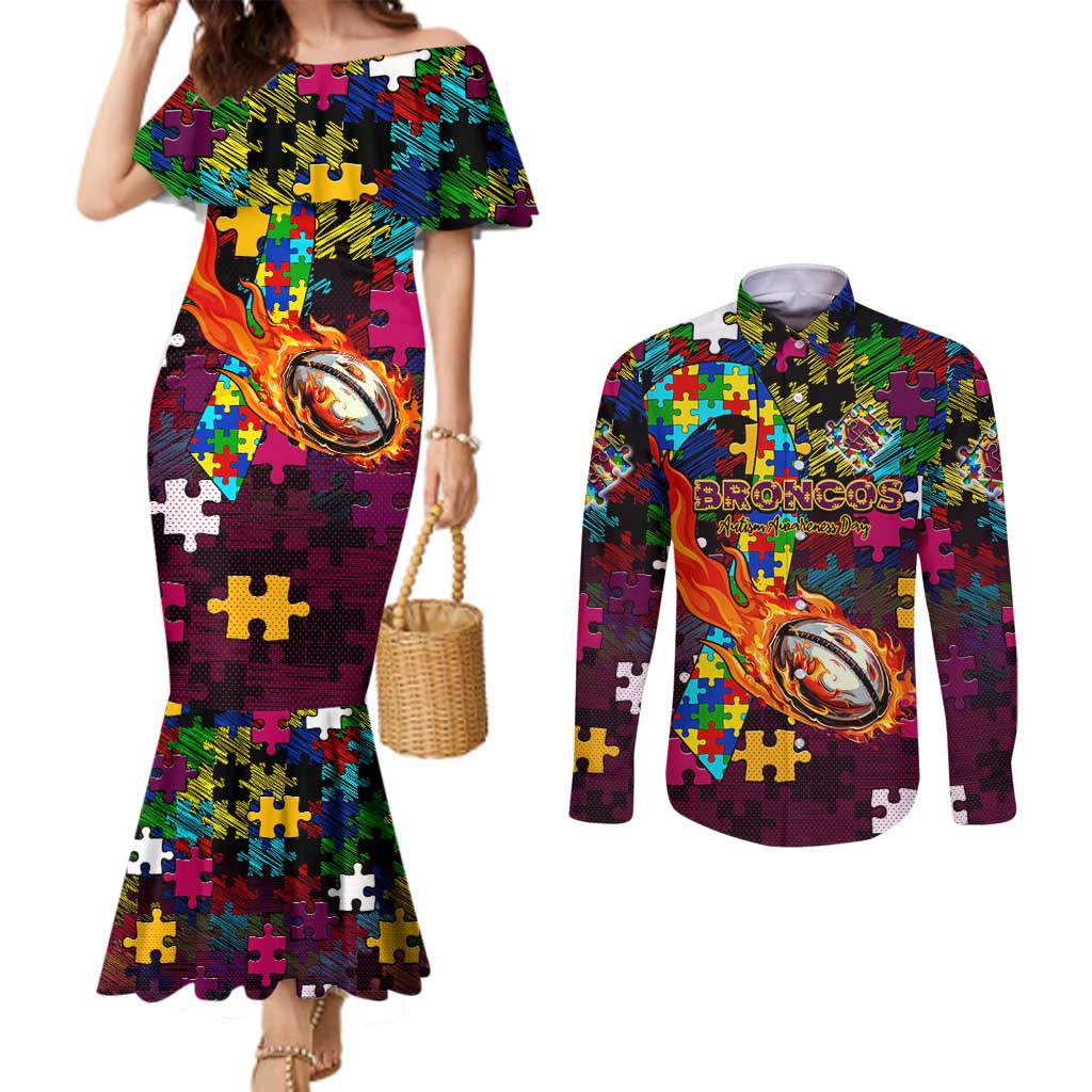 Broncos Autism Awareness Couples Matching Mermaid Dress and Long Sleeve Button Shirt Puzzle Flames Rugby Ball