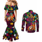 Broncos Autism Awareness Couples Matching Mermaid Dress and Long Sleeve Button Shirt Puzzle Flames Rugby Ball