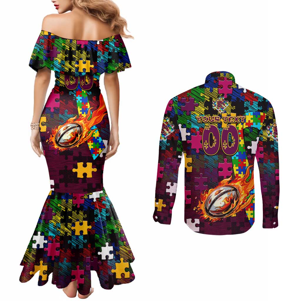 Broncos Autism Awareness Couples Matching Mermaid Dress and Long Sleeve Button Shirt Puzzle Flames Rugby Ball