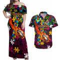 Broncos Autism Awareness Couples Matching Off Shoulder Maxi Dress and Hawaiian Shirt Puzzle Flames Rugby Ball