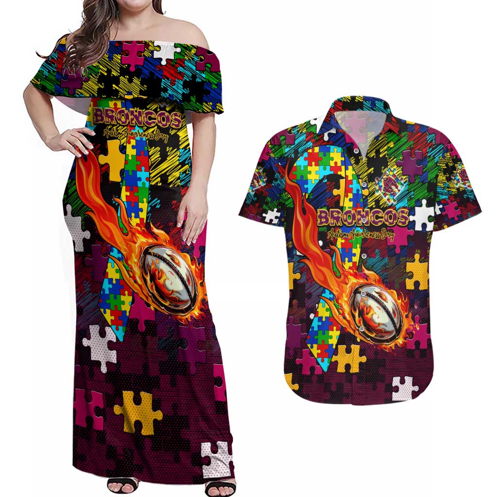 Broncos Autism Awareness Couples Matching Off Shoulder Maxi Dress and Hawaiian Shirt Puzzle Flames Rugby Ball